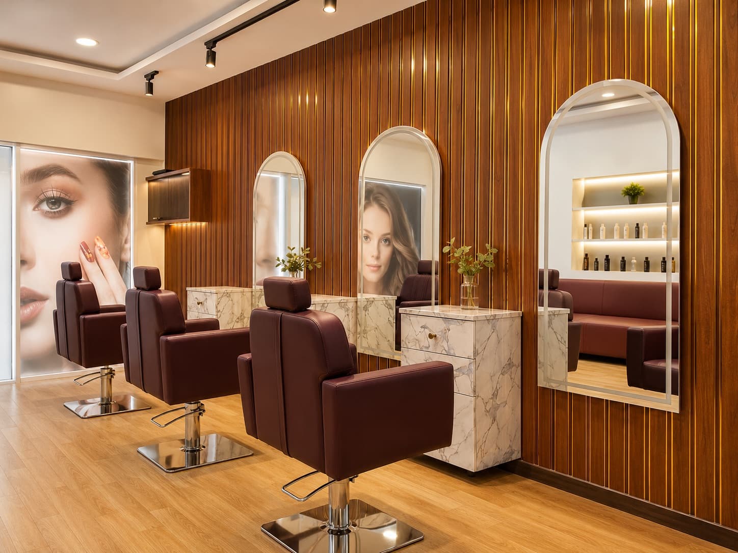 Inside Happy Womens Salon — arched mirrors, warm wood panelling and burgundy styling chairs